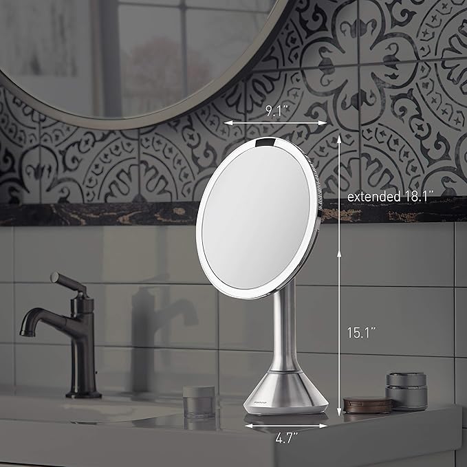 simplehuman Sensor Mirror, Lighted Makeup Mirror with Magnification (5X), 8" Round Magnifying Vanity Mirror with Lights, Cordless, Rose Gold Stainless Steel