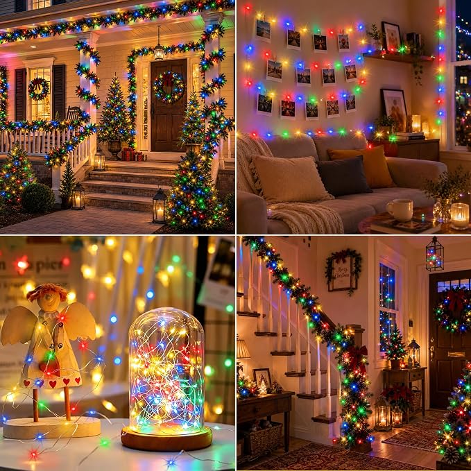 4 Pack Timer Fairy Lights Battery Operated Twinkle Lights with 5 Modes | 16.4Ft 50 LED Silver Copper Wire Battery Wreath Lights for Home Christmas Wedding Indoor Outdoor Decor, Multicolor