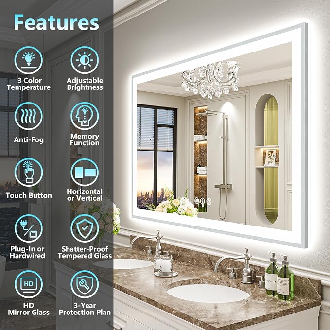 55x40 Inch Brushed Nickel LED Bathroom Mirror, Backlit & Front Lit | Silver Framed Anti-Fog Lighted Vanity Mirror with Lights, 3 Color Dimmable, Memory, HD Tempered Glass, CRI95, IP54, UL Listed