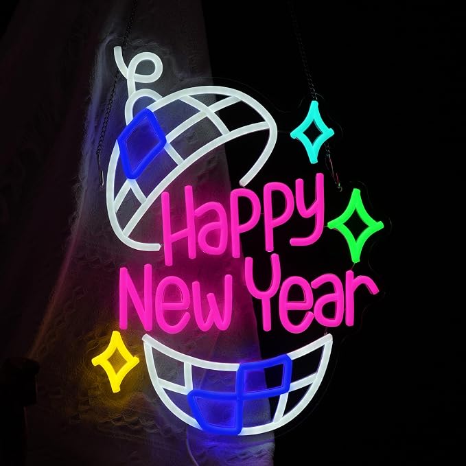 Happy New Year Neon Sign Led Party Light Sign for New Years Eve Decorations Dimmable USB Spring Festival Neon Light for Christmas Holiday Home Bar(16.5 * 12.6 In)