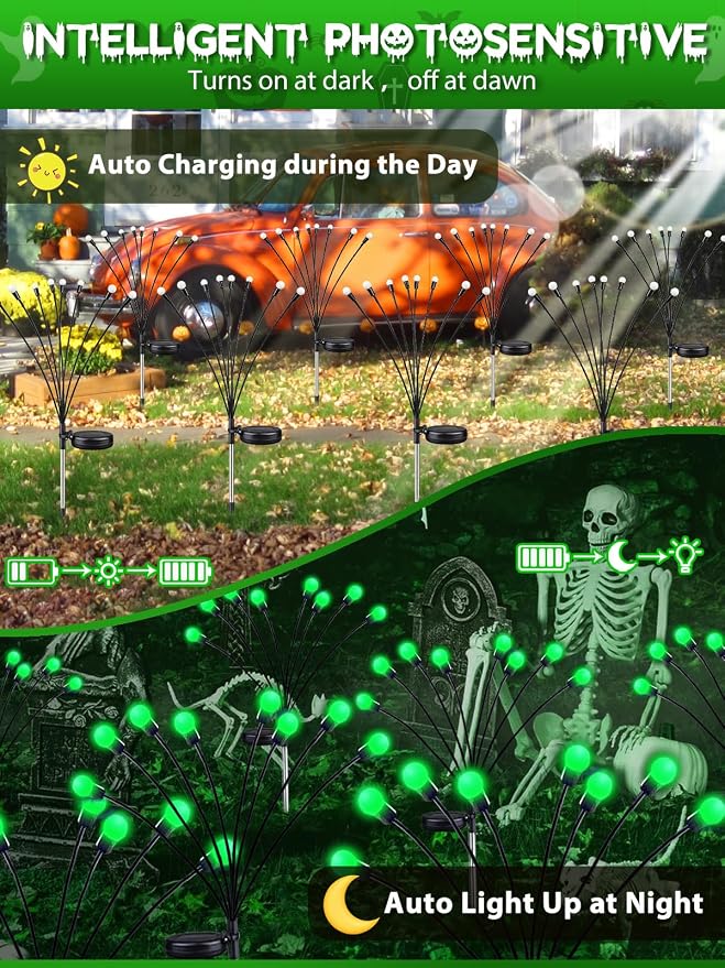 Halloween Decorations Outdoor Solar Firefly Lights 6 Pack 48 LED Green | 2 Lighting Modes, Memory Function and Auto On/Off, Sway with Wind, Waterproof Halloween Decor for Outside Horror Party Garden