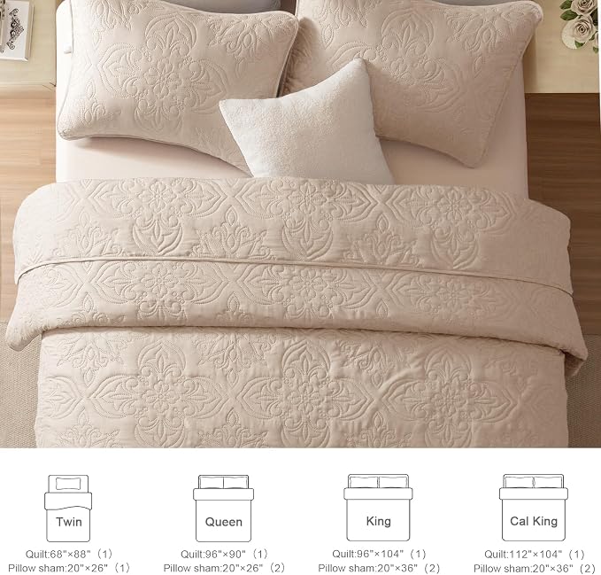 Whale Flotilla Cal King Quilt Set Vintage Damask Reversible Bedspread | Suitable for Bed, 3 Pieces Brich Beige Lightweight Breathable Oversized Quilts, Ultrasonic Coverlet with 2 Pillow Shams