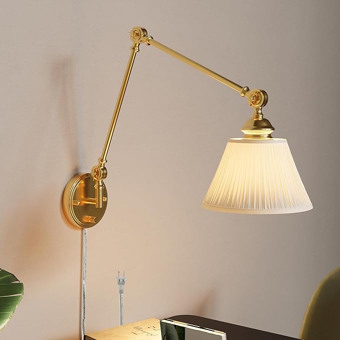 Gold Plug in Wall Sconce, Swing Arm Wall Light with 6.6FT Plug in Cord, Two Adjustable Arms, Fabric Shade, E26 Base, Hardwired Wall Lamp for Bedroom, Reading, Living Room, Hallway (1 Pack)