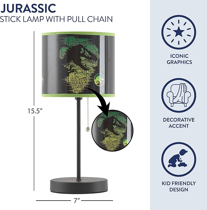 Jurassic World Stick Table Kids Lamp, with Pull Chain, Themed Printed Decorative Shade,Metal
