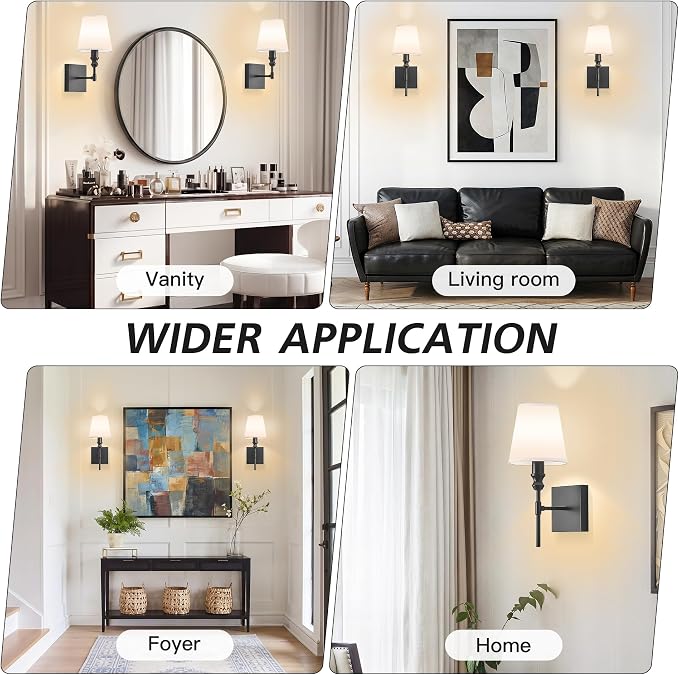 Vintage Bathroom Wall Sconce,Hardwired Bedside Wall Sconces Set of 2,Black Bathroom Light Fixture with White Fabric Shade for Bedroom Living Room Hallway Farmhouse,Convertible Height,E12 Base