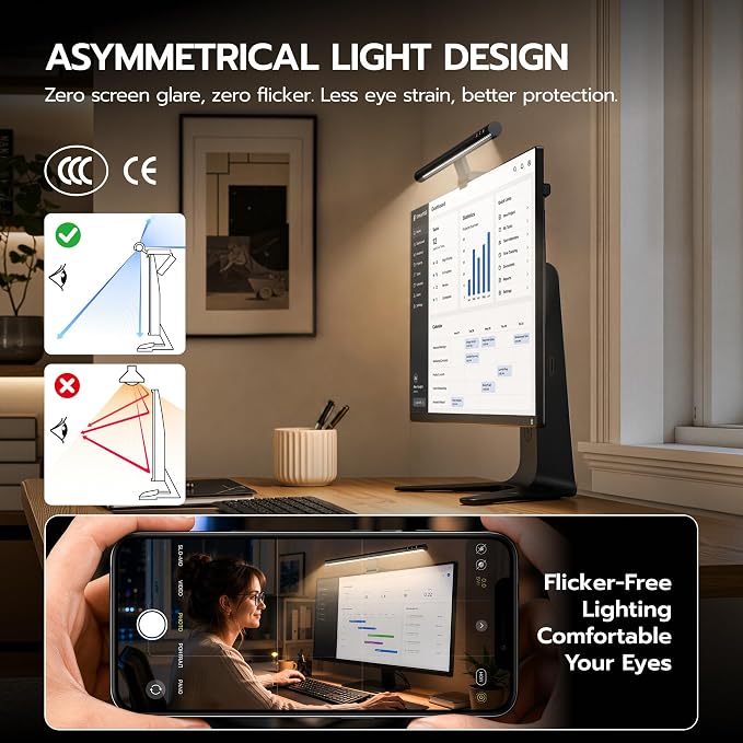 ARES WING Monitor Light Bar with Remote & Sedentary Alert, USB Desk Lamp | CCT Adjustable, 10-Level Dim LED Computer Light, Space Saving, Eye-Care Lightbar for Flat/Curved Monitor, Home Office Gaming