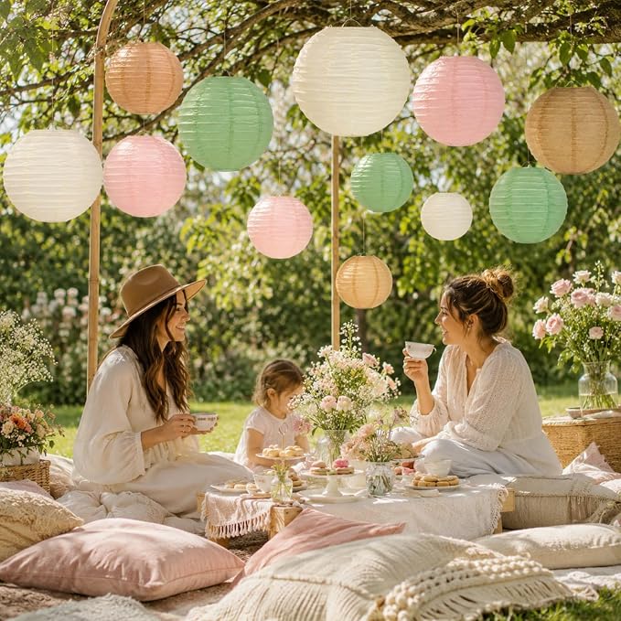 21-Pack Pink, Sage Green & Brown Paper Lanterns, Pastel Party Decor | Round Hanging Set for Woodland Birthdays, Baby Showers, Bridal Events, Boho Weddings, Classroom & Office Decor
