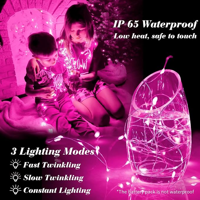 ZGWJ 50 Pack Pink Fairy Lights, Mini String Lights | Battery Operated 7 FT 20 LED Waterproof 3 Modes for DIY, Parties, Wedding, Halloween, Christmas Decoration