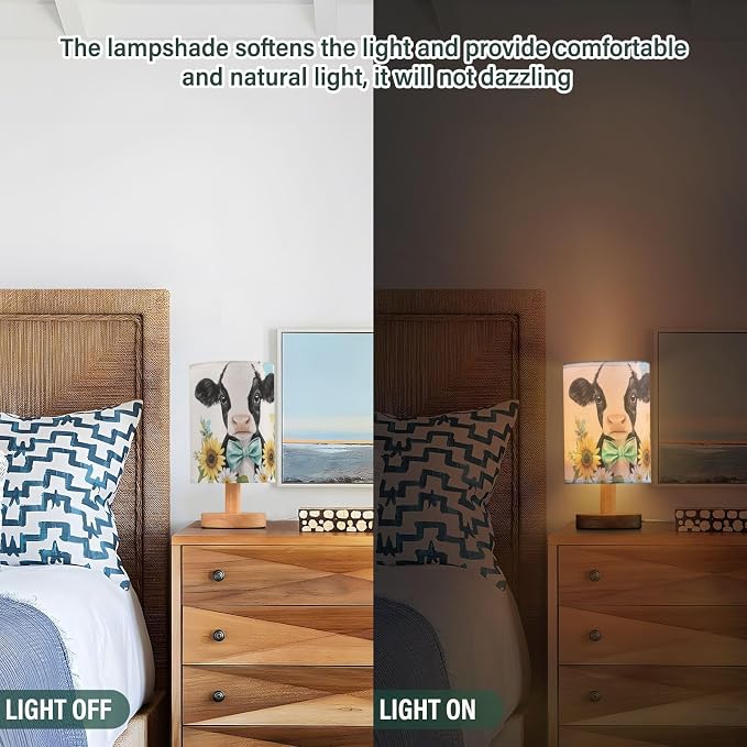 Floral Cute Baby Cow Daisy Sunflower Bedside Table Lamps with USB Port for Bedroom LampSmall Nightstand Lamp Sturdy Linen Shade Wooden Base Decorative Lamps for Nursery Kids Reading Dorm Home
