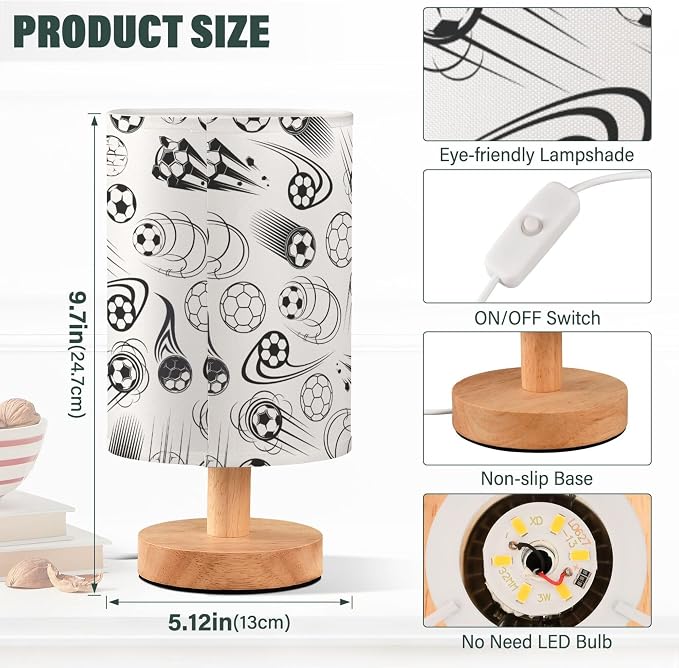 Table Lamp Black and White Soccer Ball Sport Theme American Football Pattern Nightstand Lamp with Wood Base Fabric Lamp Shade Bedside Desk Lamp for Living Room Bedroom Kids Room Office