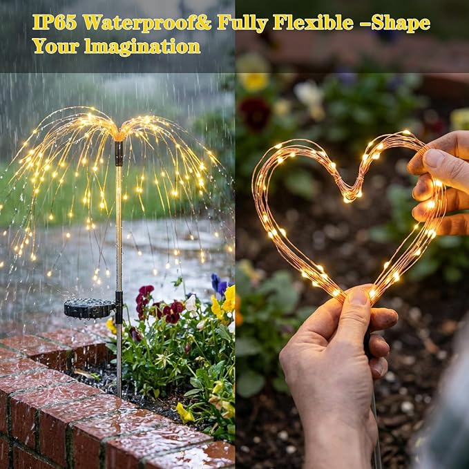 6-Pack Solar Firework Lights for Outside Waterproof Garden Fairy Lights | Adjustable 32"-51" tall, 200 LED stainless steel stake starburst lights with 8 modes for pathway patio decorations.