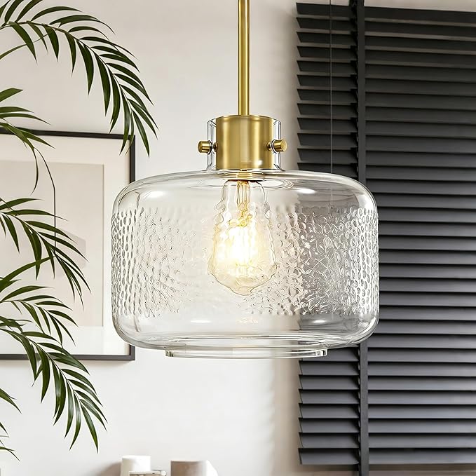 Gold Pendant Lights Kitchen Island with 9.84in Hammered Glass Shade 1Pack | Handcrafted Glass Pendant Light Fixtures, UL Certified, E26 Base 100W Max, Height-Adjustable, Dimmable Hanging Pendant Light