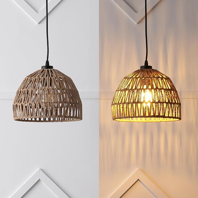 JONATHAN Y Campana 1-Light Pendant Dome Ceiling Lamp, 10.25", Brown | Modern Coastal Farmhouse Decor, Adjustable Height, Woven Rope Metal Frame, LED Bulb Included, UL Listed