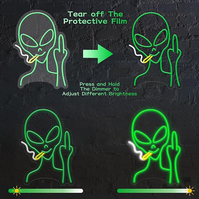 Green Alien Neon Signs, Dimmable LED Neon Signs for Wall Decor Bedroom Man Cave Game Room Home Bar Party Decor, LED Alien Neon Light for Kids Birthday Gift (Green Alien)