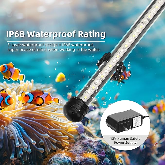 LED Submersible Aquarium Light 10W Underwater Fish Tank Light with Blue White&Blue and White Three Light Modes Timer Automatic On/Off and Dimmer Brightness Adjustable (19inch)