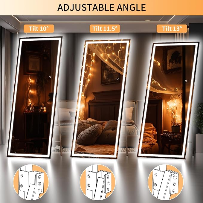 Hasipu Full Length Mirror with Lights, 66.9" x 23.6" LED Lighted Floor Standing, Full Body Dressing Hanging Mounted Mirror, Tempered Glass