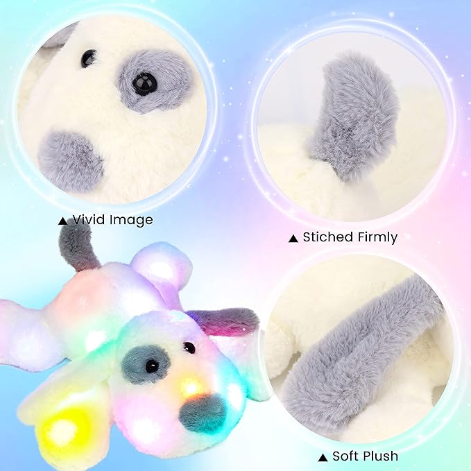 Hopearl LED Plush Puppy Lighting Up Stuffed Animal Dog Floppy Pup Night Lights Glow in The Dark Birthday Festival for Kids Toddler Girls, White, 14''