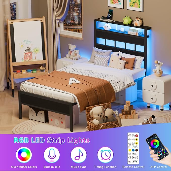 Twin Bed Frames with Charging Station and LED Lights, Black Oak | Heavy Duty Metal Slats Support, 2-Tier Wood Shelf Storage Headboard,USB & Type-C Ports,Noise-Free,No Box Spring,Easy Assembly