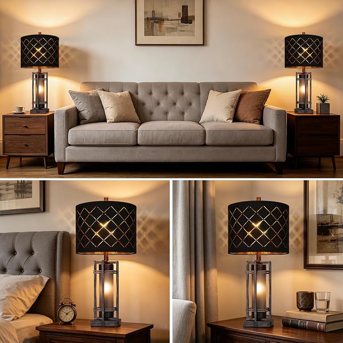 WIHTU 27'' Modern Table Lamp with Nightlight, Metal Bedside Lamps,Black ORB | Black Grid Shade, Square Base, LED Bulbs Included E26 Base, with USB Port, Rocker Switch, Desk Lamps for Living Room, Bedroom
