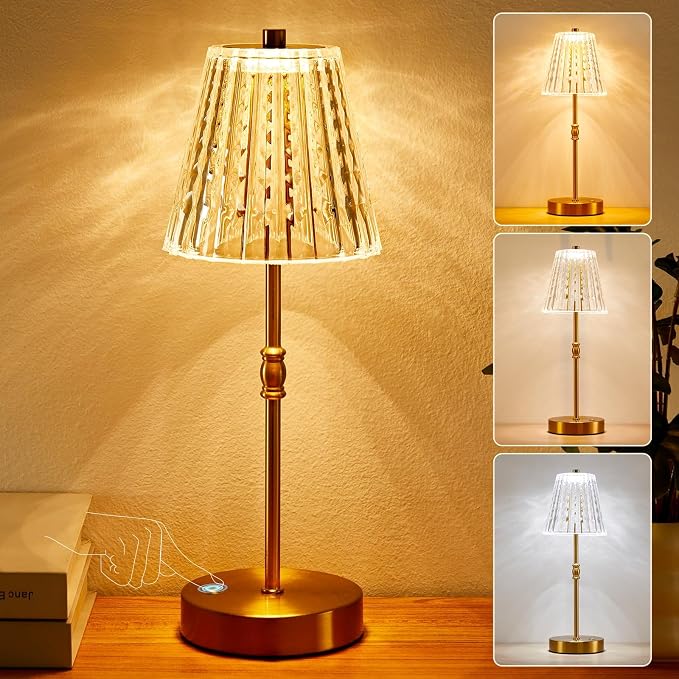 Cordless Crystal Lamp Battery Operated Touch Dimming 5000mAh Table Lamps | 3 Colors Modes, Rechargeable LED, Sepless Dimming, Night Light for Bedroom, Kitchen, Bar, Office