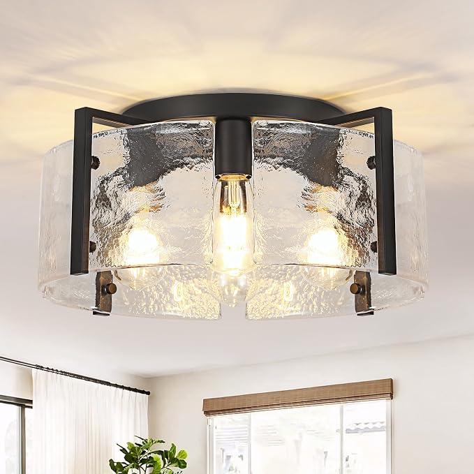 17.7'' Black Semi Flush Mount Ceiling Light, 4-Light Glass Ceiling Lights for Kitchen Island Modern Hallway Light Fixtures, Farmhouse Ceiling Mount Light for Entryway Hallway Bathroom Kitchen Bedroom