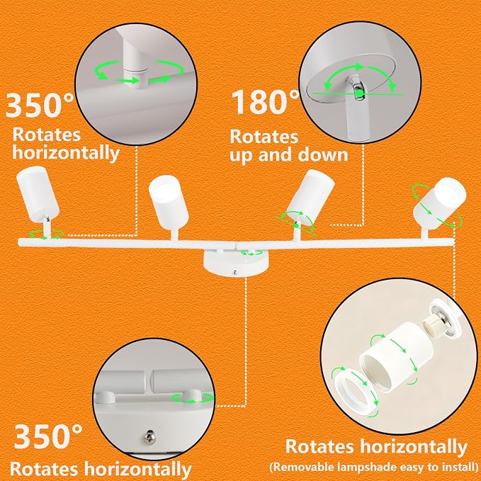 Plug in Track Lighting Kit, 80cm LED 4 Light Kitchen Track Lighting, Corded Wall Light with 16.4ft Cord, 4 Way Ceiling Spot Lighting Flexibly Rotatable Head Includes 4xGU10 Bulb (4 White-Acrylic-80cm)