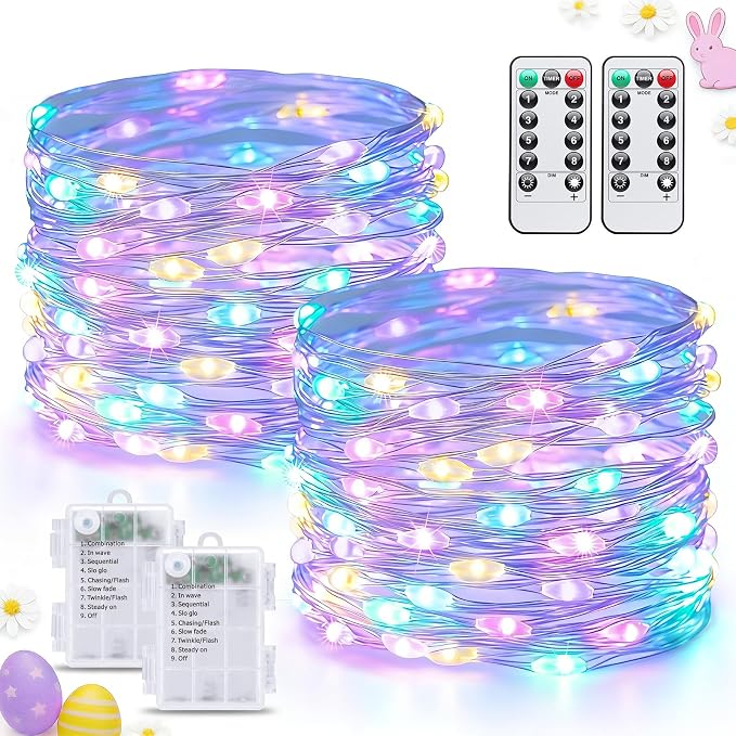 JMEXSUSS 2 Pack Pastel Fairy Lights Battery Operated, Total 200 LED 66ft | with Remote, 8 Modes, Easter lights Outdoor Waterproof, Pastel Twinkle String Lights for Xmas Bedroom Indoor Easter Decor