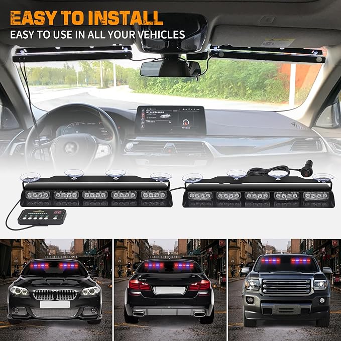 XRIDONSEN 2x 17 inch Emergency Dash Police Lights 40 LED Red Blue Police Light Bar Interior Front/Rear Windshield Strobe Lights Safety Warning Hazard Caution w/Suction Cups for Vehicles Trucks Car