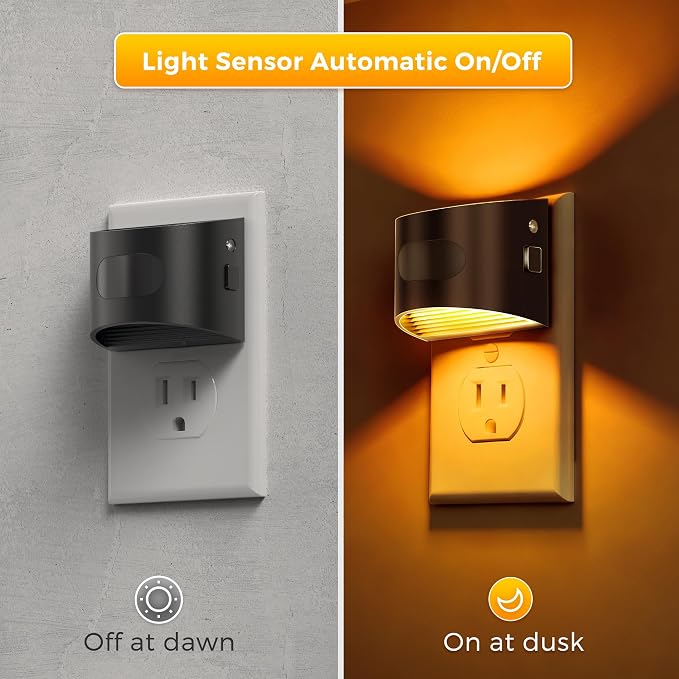 L LOHAS LED Motion Sensor Night Light, Night Lights Plug into Wall, 2 Pack | Nightlight with Dusk to Dawn & Motion Detection Sensor, 30-100Lm Adjustable Brightness, 1600K Amber Light, Black Housing