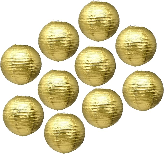Mudra Crafts Gold Paper Lanterns Wedding Party Decorations - 12 in 10 Round Hanging Ceiling Lanterns, 10 Pack, Decorative Lamp Shades