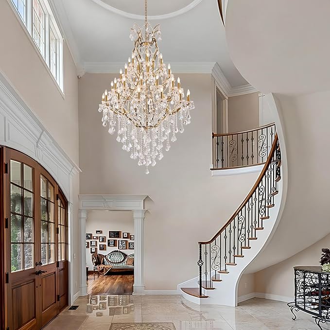 42 Lights Large Crystal Chandeliers for High Ceilings Brass Maria Theresa Chandelier Light Fixture Modern Chandelier for Foyer Hallway Entryway Staircase 75" H x 49.2" D