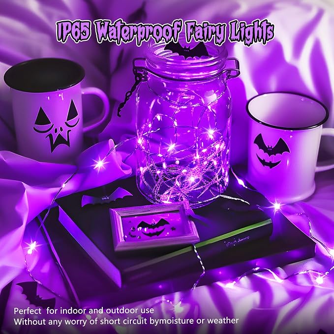 Minetom 6 Pack Purple Fairy Lights for Halloween Decor | 7ft 20 LED, Waterproof Battery Firefly Lights for Halloween Decor, Pumpkin DIY Craft, Paper Lantern Decor