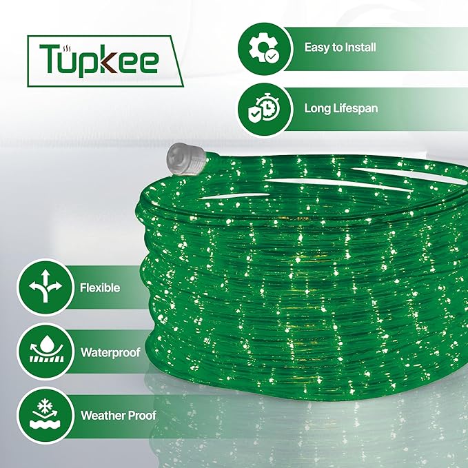 Tupkee LED Rope Light Green - for Indoor and Outdoor use, 24 Feet (7.3 m) - 10MM Diameter - 144 LED Long Life Bulbs Rope Tube Lights - Pack of 2
