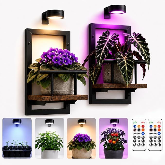 2 Pack Plant Wall Shelf with Grow Light, Wall Mounted Indoor Plant Shelf | Rechargeable Cordless Magnetic Grow Light with Remote Timer Dimming, Floating Plant Shelf for Living Room Office Decor