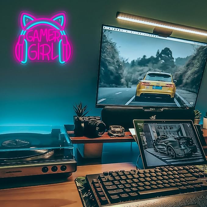 Mutank Gamer Girl Cat Headphones Neon Sign, Game Room Neon Sign USB Powered Game Headphone Sign LED Dimmable, for Gaming Room Bedrooms and Cat Ear Girl Man Caves Decor(13.3 * 12.2 In)