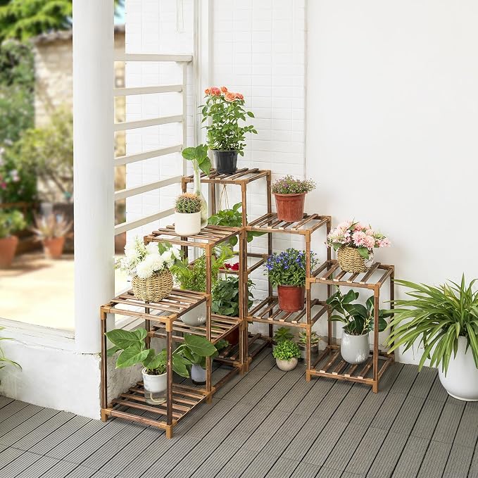 Wood Plant Stand Indoor Outdoor Corner Plant Shelf Stand, 5 Tiered 10 Potted Flower Plant Stands for Indoor Plants Multiple, Plant Shelves Stands Rack for Living Room, Patio, Balcony