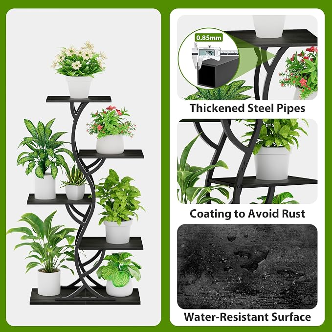 Plant Stand Indoor with Grow Lights - 5 Tiered Corner Plant Shelves (Black) | 44" Tall Metal Plant Shelf, S-Shape Lighted Flower Holder Dispaly Rack for Living Room, Home, Patio, Balcony