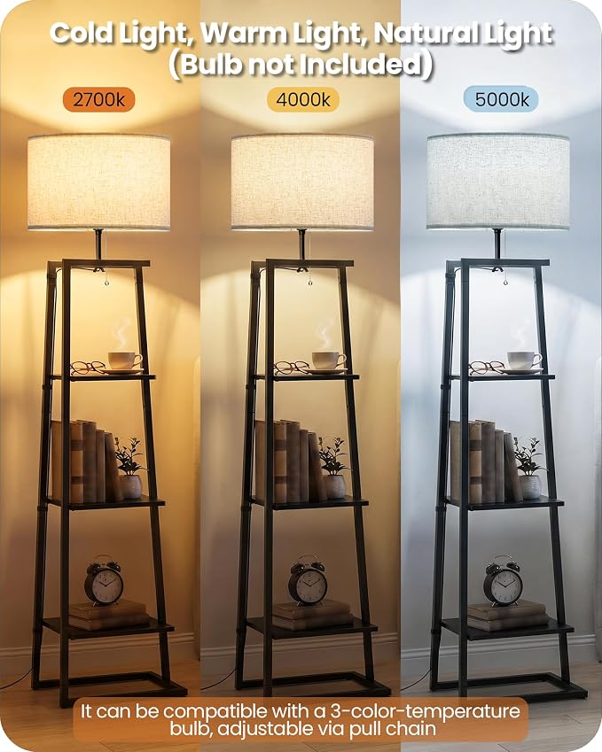 Floor Lamp with 3-Tier Storage Shelves, Standing Floor Lamp with Pull Chain Switch, Industrial Shelf Floor Lamp for Living Room, Bedroom, Office,Bulb Not Included, Black and Beige BE34LD05
