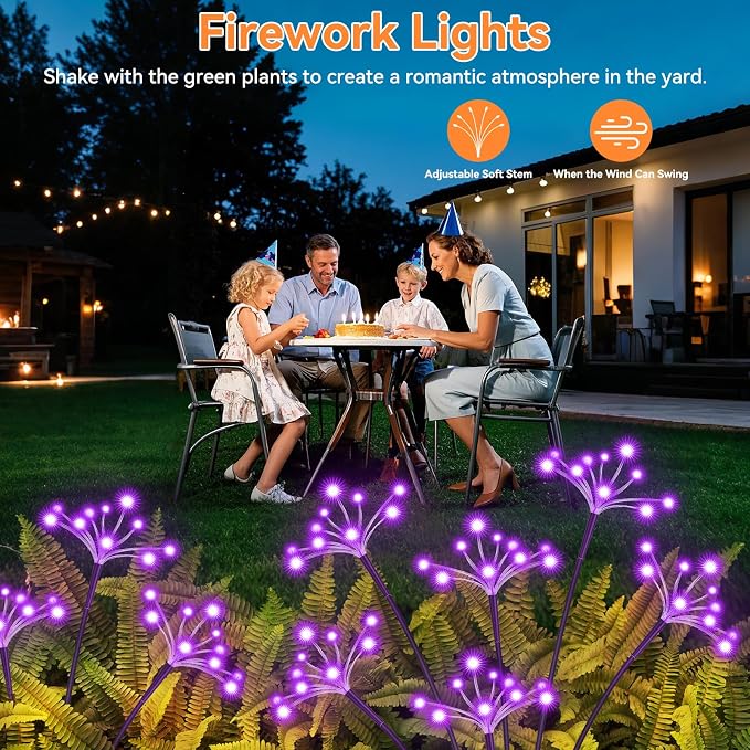 Solar Garden Lights 2 Pack Waterproof Solar Swaying Starburst Light Outdoor Lights for Yard Patio Walkway Pathway Party Wedding Christmas Decoration, Purple