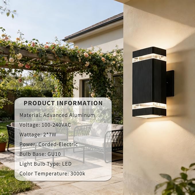 JYV Square Outdoor Wall Lights, Up and Down Porch Lights, Black 4 Pack | Aluminum Exterior Lighting Fixtures with 2 * 7W Bulbs 3000K, Waterproof Outdoor Sconces Wall Lighting, for House Porch Garage