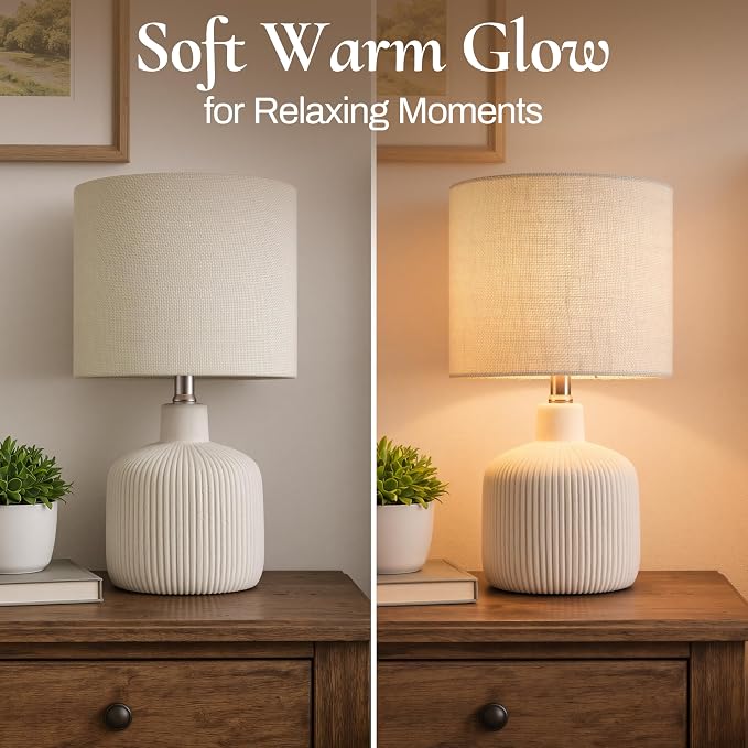 Ceramic Table Lamp, Off-White, 17.75" | Rustic Farmhouse, Beige Linen Shade, Warm Ambient Lighting, Bedside Nightstand