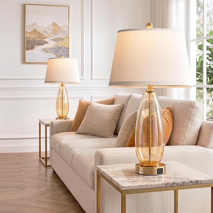 WIHTU 27" Glass Table Lamps for Living Room, Touch Dimming Lamps Set of 2 | Gradient Brown Glass Body, 3-Way Dimming, USB A+C Ports, Included 2 Bulbs,E26 Base,Modern Nightstand Lamp for Bedroom, Office
