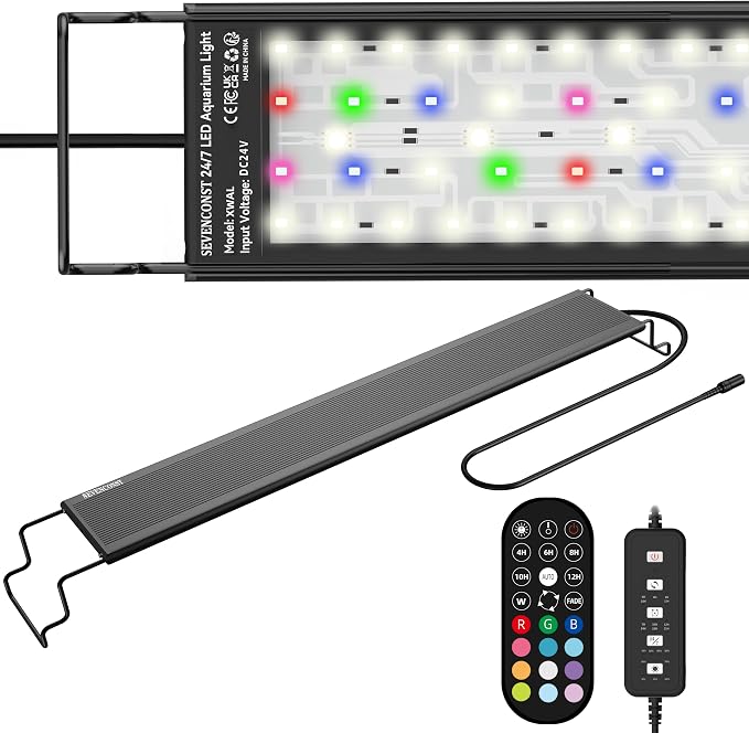 24/7 LED Aquarium Light with Remote for 46-56 Inch Plant & Fish Tank IP68, 12-Color & Gradient & Full Spectrum Light with Timer, Auto On/Off, Brightness, Extendable Brackets for Freshwater