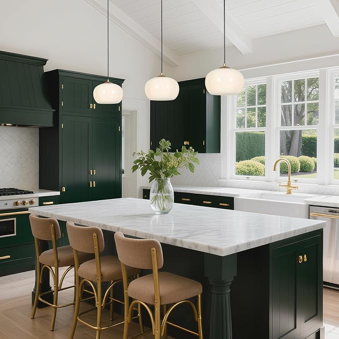 KSANA Pendant Lights Kitchen Island, 9.5'' White and Gold Kitchen Pendant Lighting Over Island, Modern Hanging Light Fixtures with Clear Glass Shade (Interior in White)
