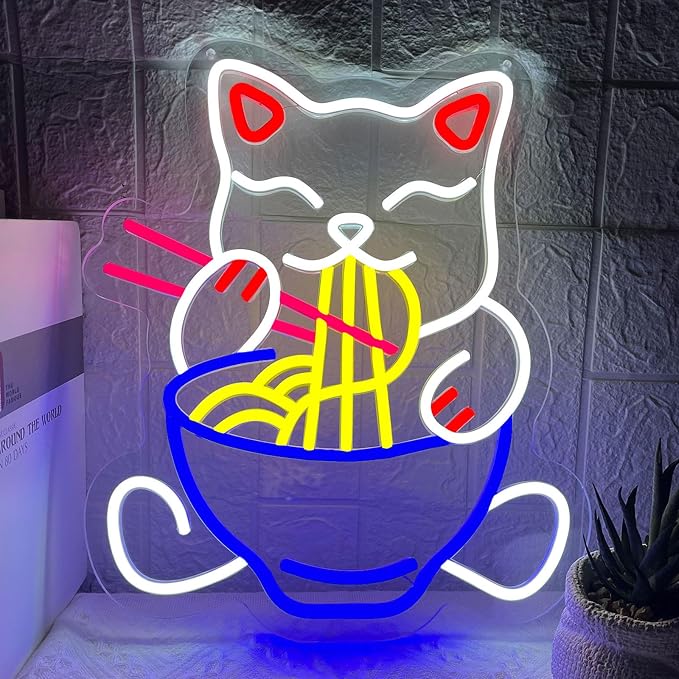 Fortune Cat Ramen Neon Sign Japanese Lucky Cat Noodle Neon LED Light Signs | Dimmable Anime Ramen Cat Neon Lights up Sign for Living Room Wall Decor Home Bar Kitchen Ramen Restaurant Dining