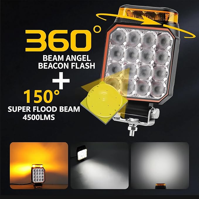 4 inch Strobe Lights for Trucks, Amber Warning Flashing Emergency LED Work Light for Snow Plow Construction Vehicles Cars Forklift ATV