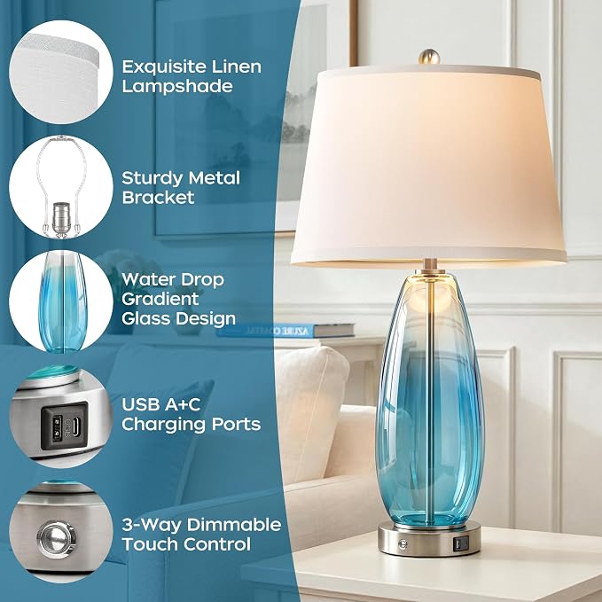 WIHTU 27" Glass Table Lamps for Living Room, Touch Bedside Lamps Set of 2 | Gradient Blue Glass Body, 3-Way Dimming, USB A+C Ports, Included 2 Bulbs,E26 Base,Modern Nightstand Lamp for Bedroom, Office