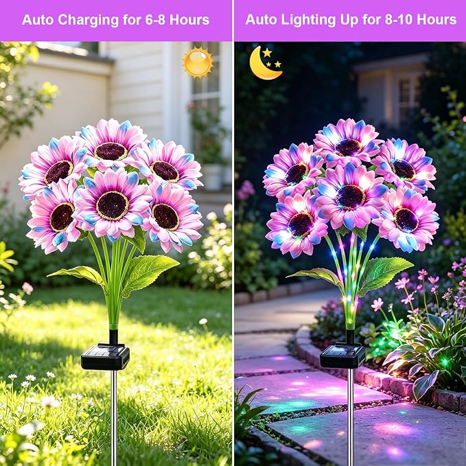 Solar Garden Lights Outdoor, 6 Pack Solar Multicolor Sunflower Lights with 18 Head 3.5 Inch Flowers, Waterproof Flowers Light Fall Decor Auto ON/Off for Garden Yard Patio, Gifts for Mom Women