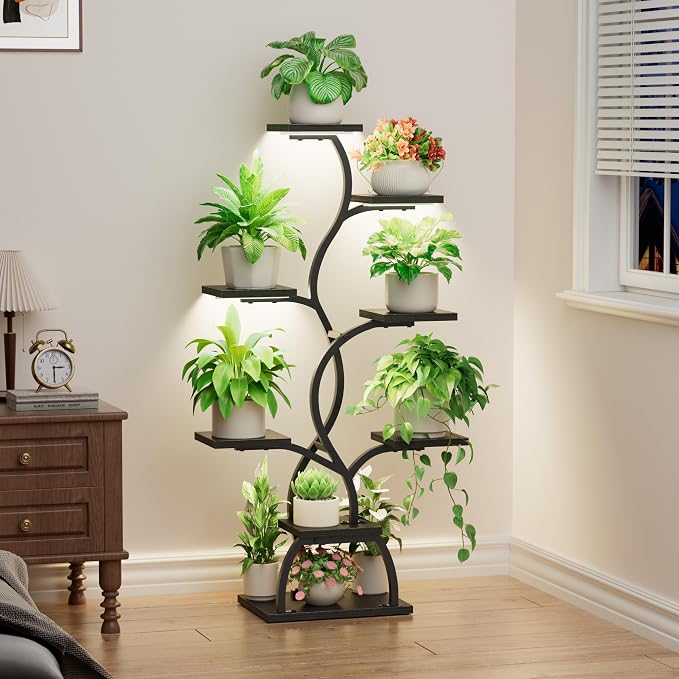 Plant Stand Indoor with Grow Light - 8 Tiered Corner Plant Shelf Indoor | 49" Plant Holder with Lights for Indoor Growing, Tall Lighted Flower Stand for Living Room, Balcony, Black