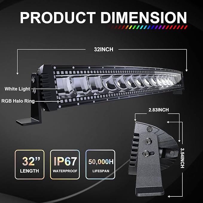 Lpteso RGBW Curved LED Light Bar 32Inch 180W Flood Spot Combo Beam 2PCS 4 Inch 18W Flood RGB LED Pods with 16 Solid Colors Chasing RGB Halo Ring Changing with Strobe Flashing with Rocker Switch Wiring